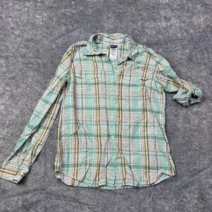 Patagonia Shirt Womens Size 10 Blue Brown Plaid Button Up Roll Tab Nylon Hiking